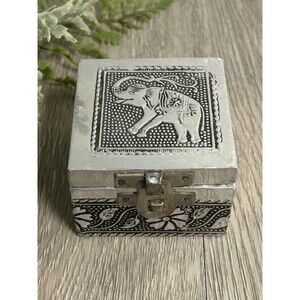 Vintage Embossed Elephant Tin Over Wood Hinged Trinket Box Hand Made Boho